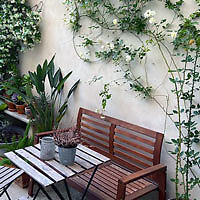 A wooden table and chairs on a patio with various plants in the background