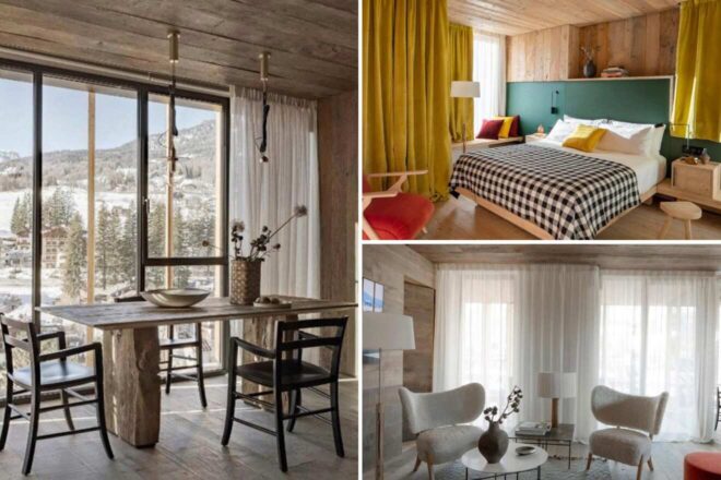 collage of 3 images with: a bedroom, dining table with a view over the mountains and lounge area