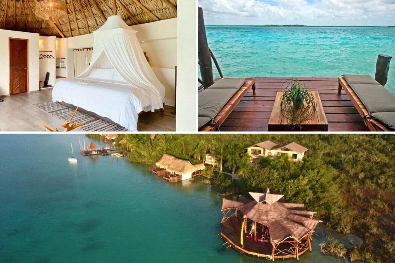 collage of 3 images with: bedroom, sunbeds on a wooden deck and aerial view over the resort