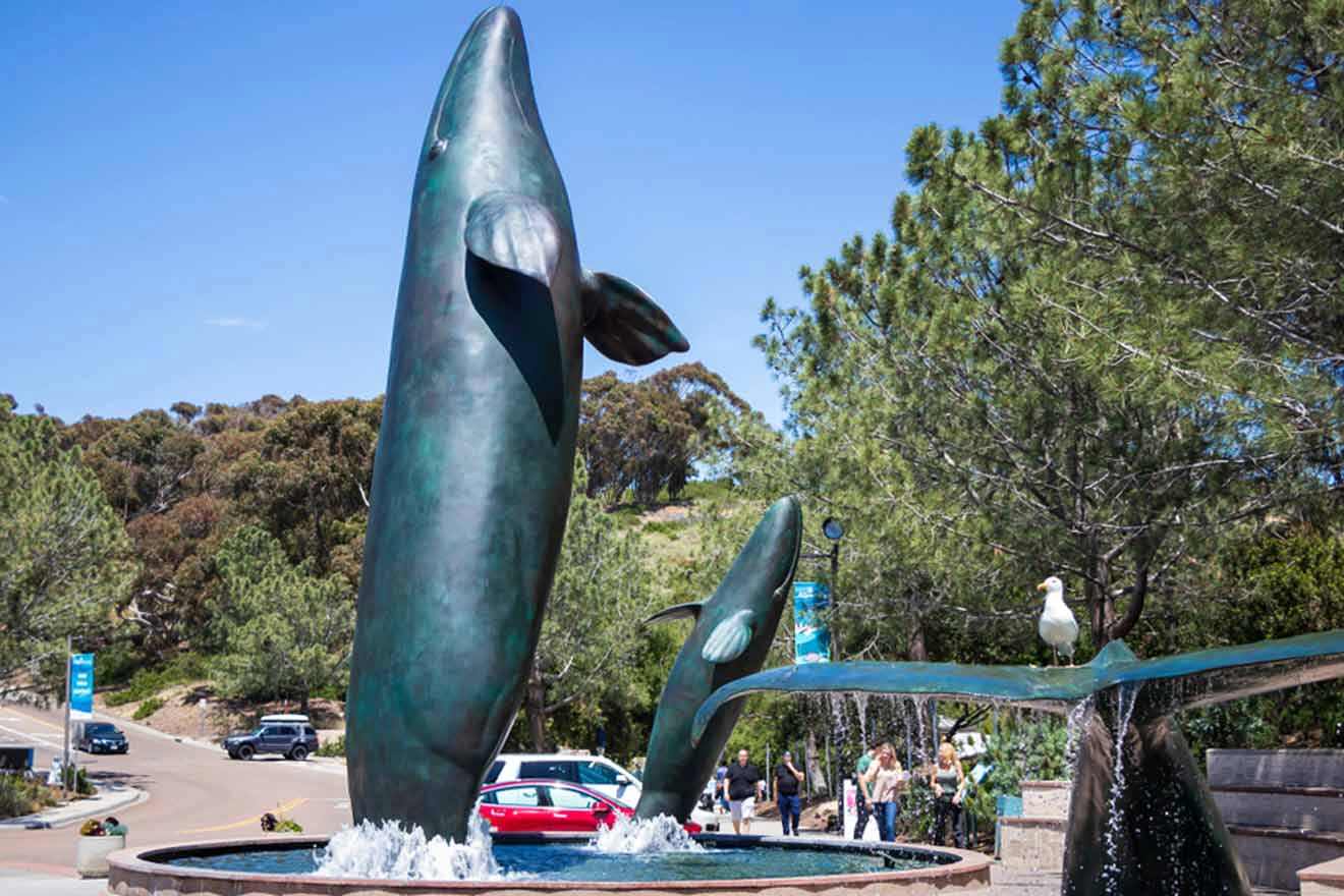 A statue of whales in a fountain.