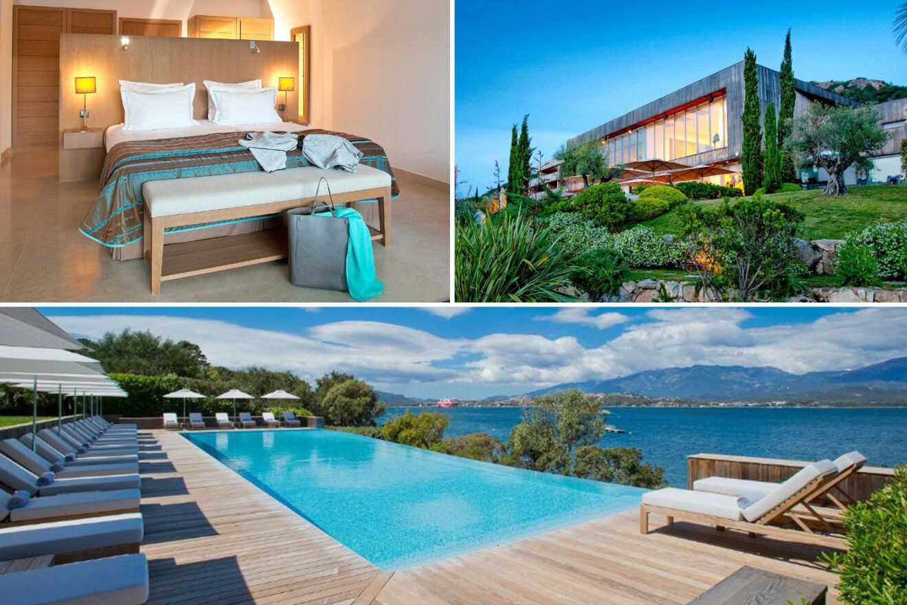 Collage of three hotel pictures: bedroom, hotel exterior, and outdoor infinity pool