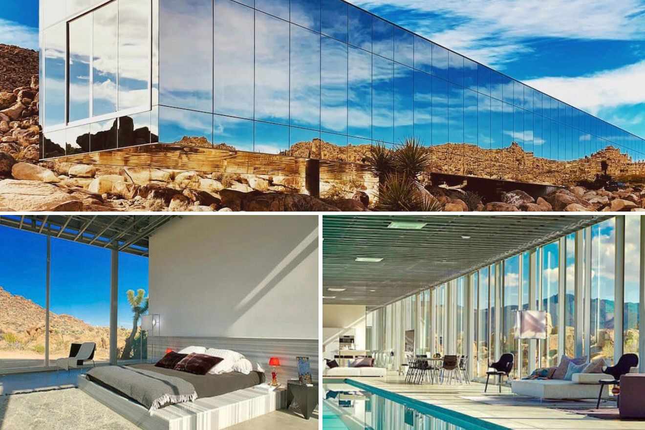 collage of 3 images with: house's building, bedroom and indoor pool
