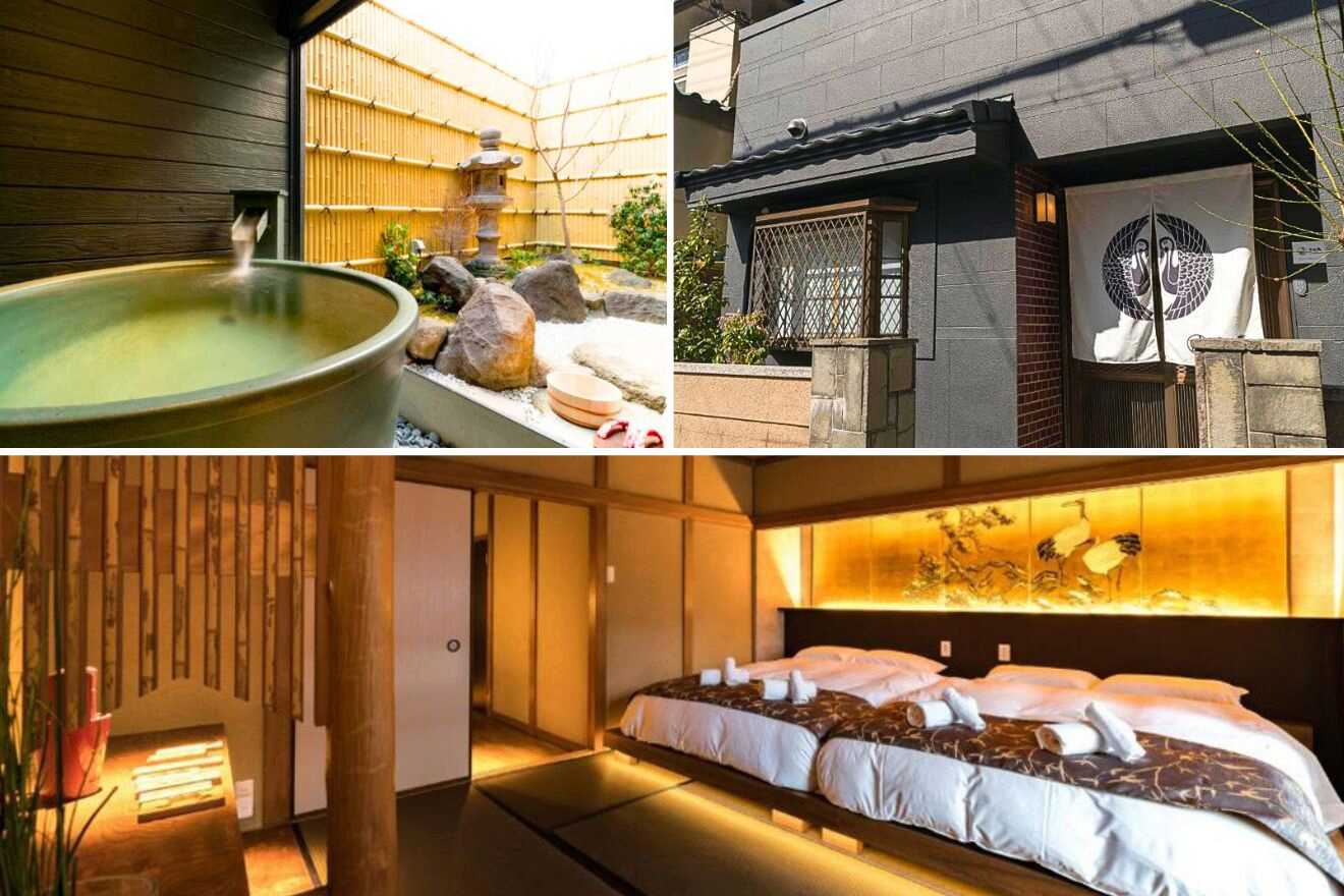 collage of 3 images of a Japanese house with: hotel's building, private ryokan and bedroom