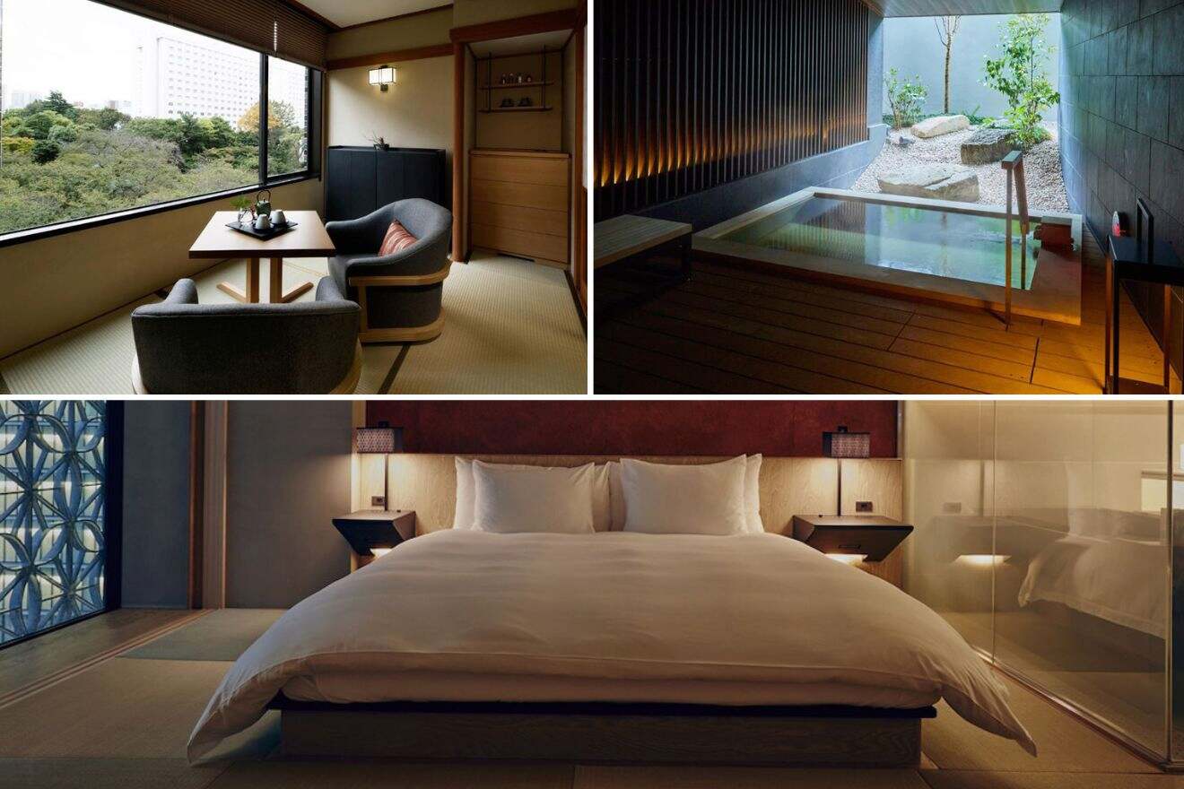 Collage of three hotel pictures: seating area, outdoor pool, and bedroom