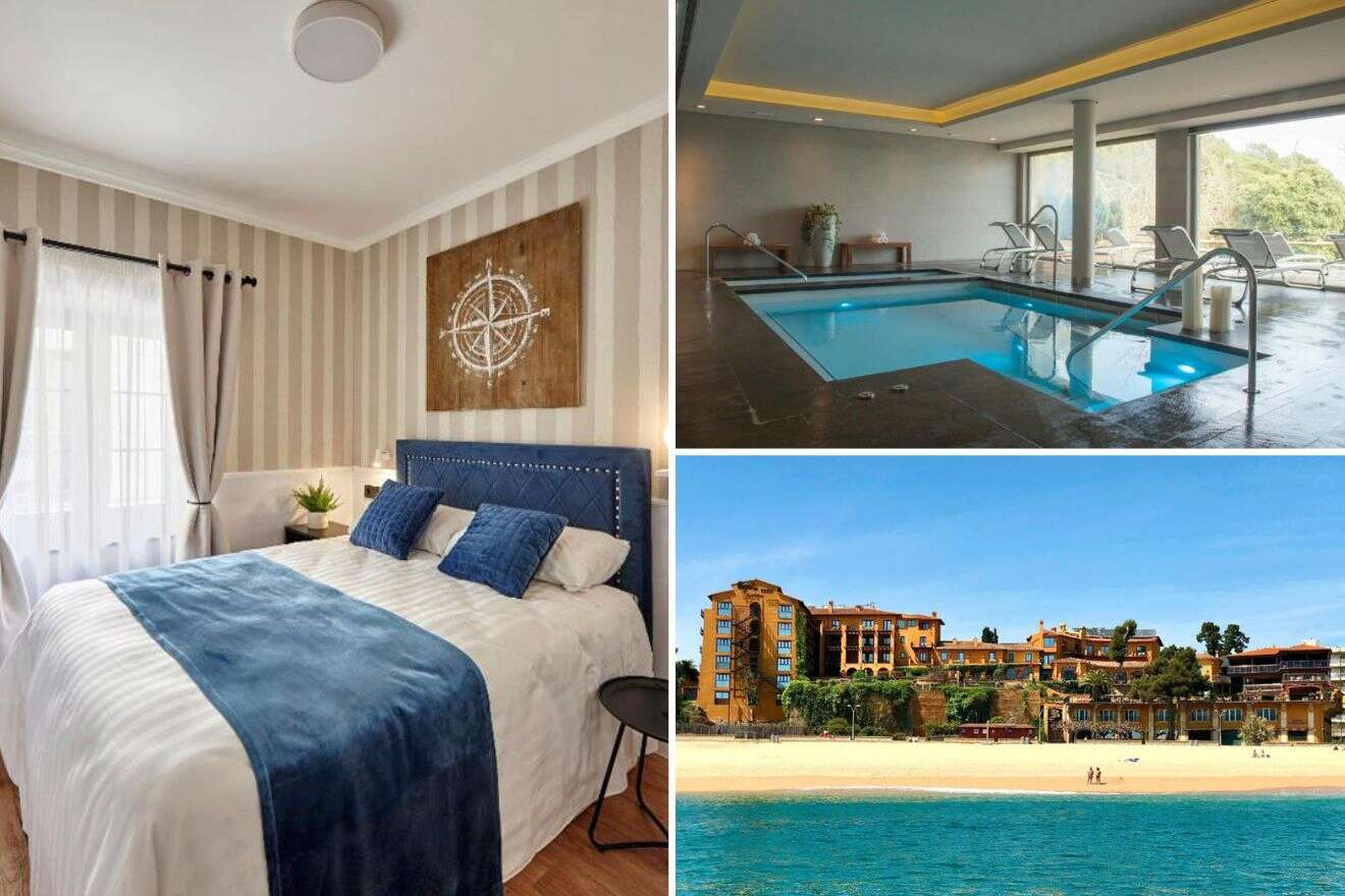Collage of three hotel pictures: bedroom, indoor pool, and hotel exterior on the beach
