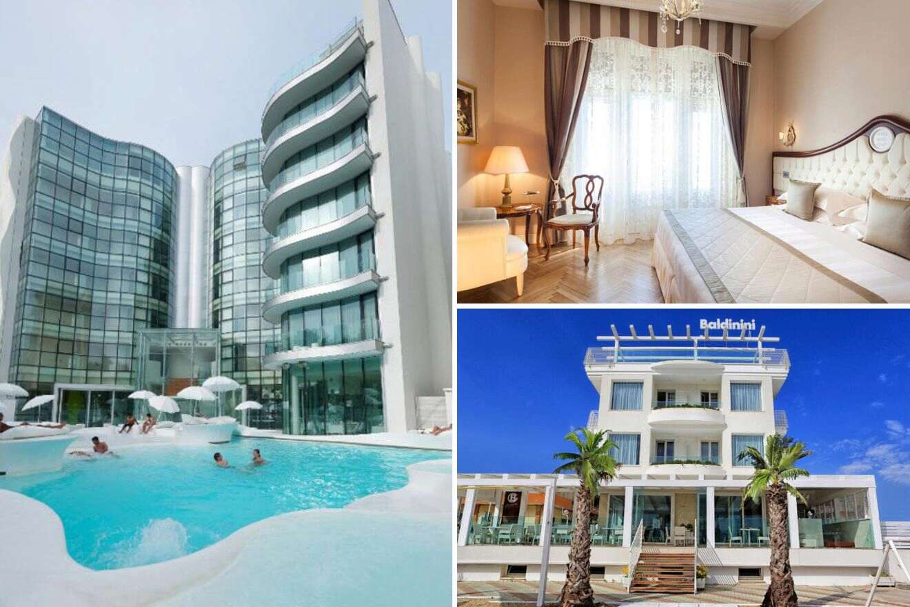 collage of 3 images with: bedroom, pool and hotel's building