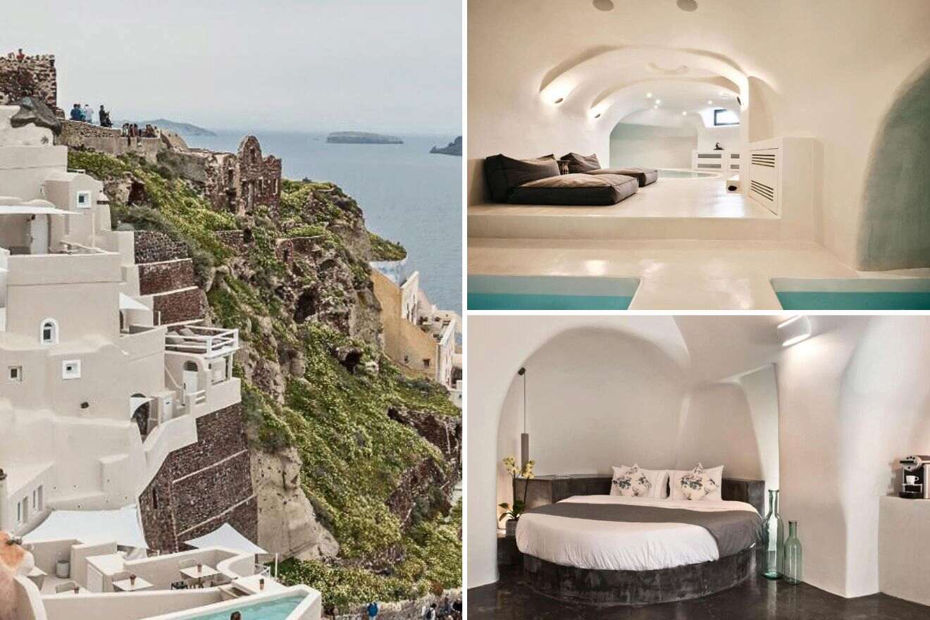 collage of 3 images with: bedroom, loungers by the pool and view over the hotel