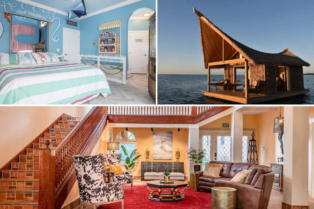 collage of 3 images with: lounge, bedroom and floating house