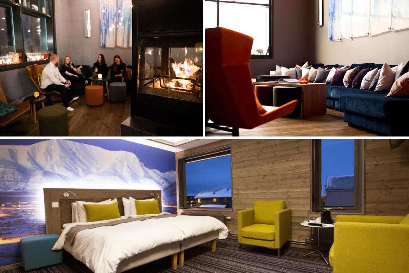 collage of 3 images with: a bedroom, couch and lounge by the fireplace