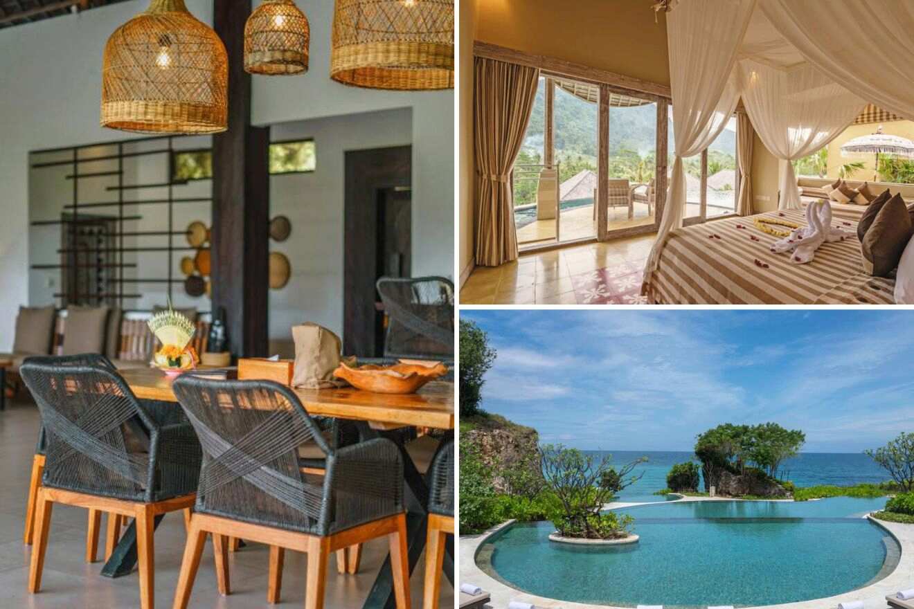 collage of 3 images with: a pool, bedroom and restaurant