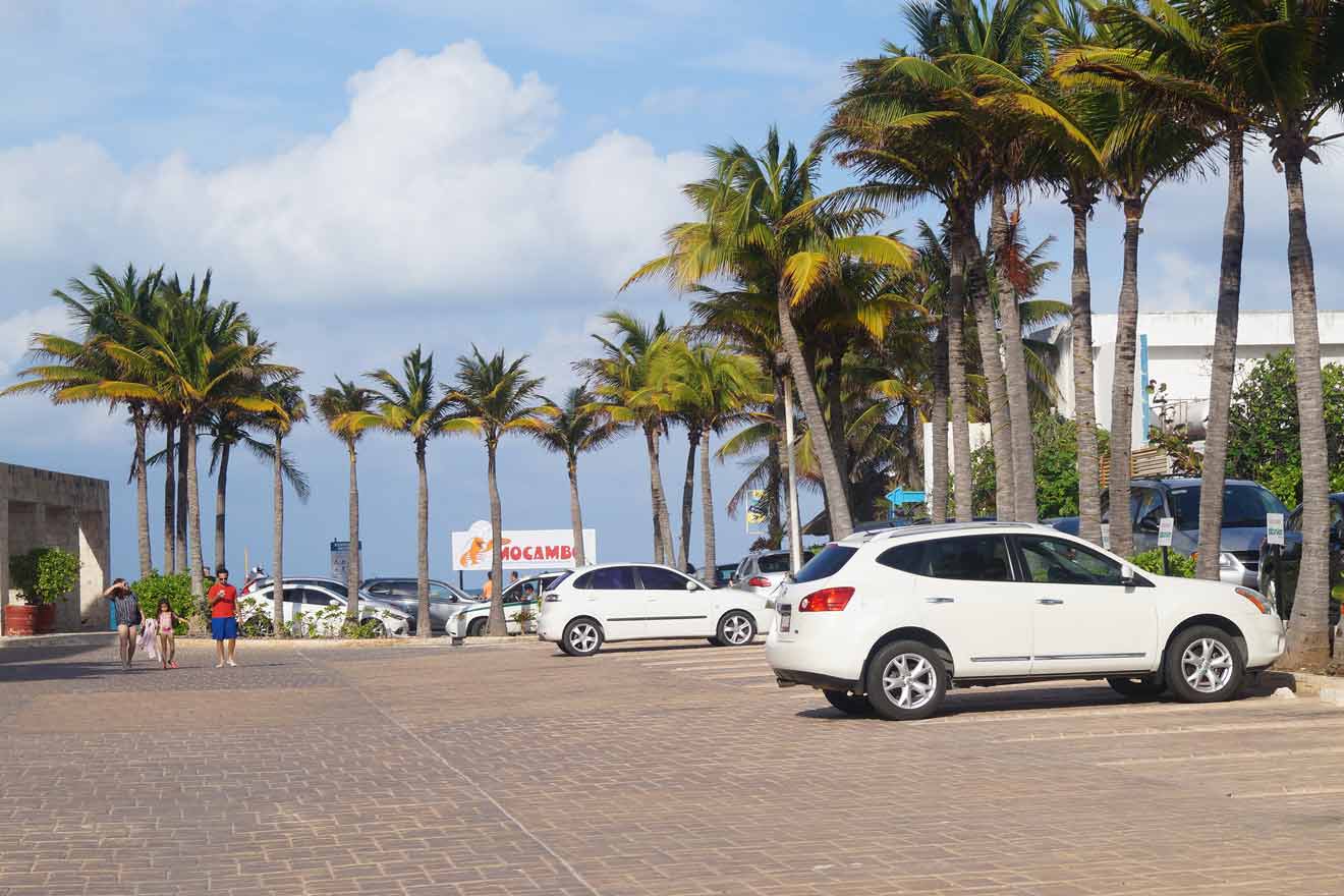A parking lot with cars parked in front of palm trees.