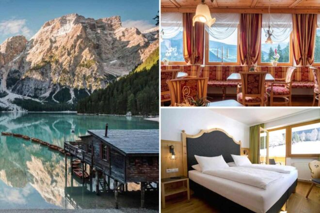 collage of 3 images with: a bedroom, restaurant area and a wooden building on the lake