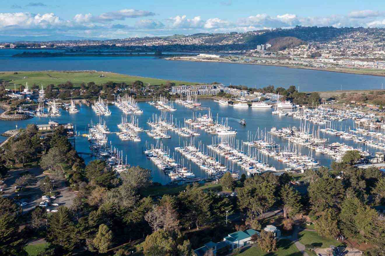 An aerial view of a marina with boats docked in it.