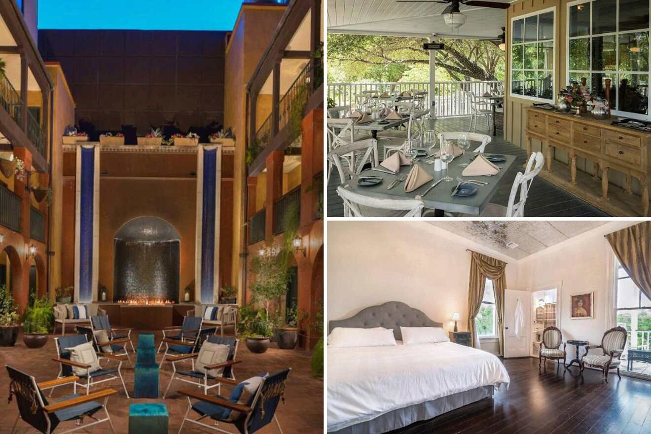 collage of 3 images with: a bedroom, lounge and restaurant