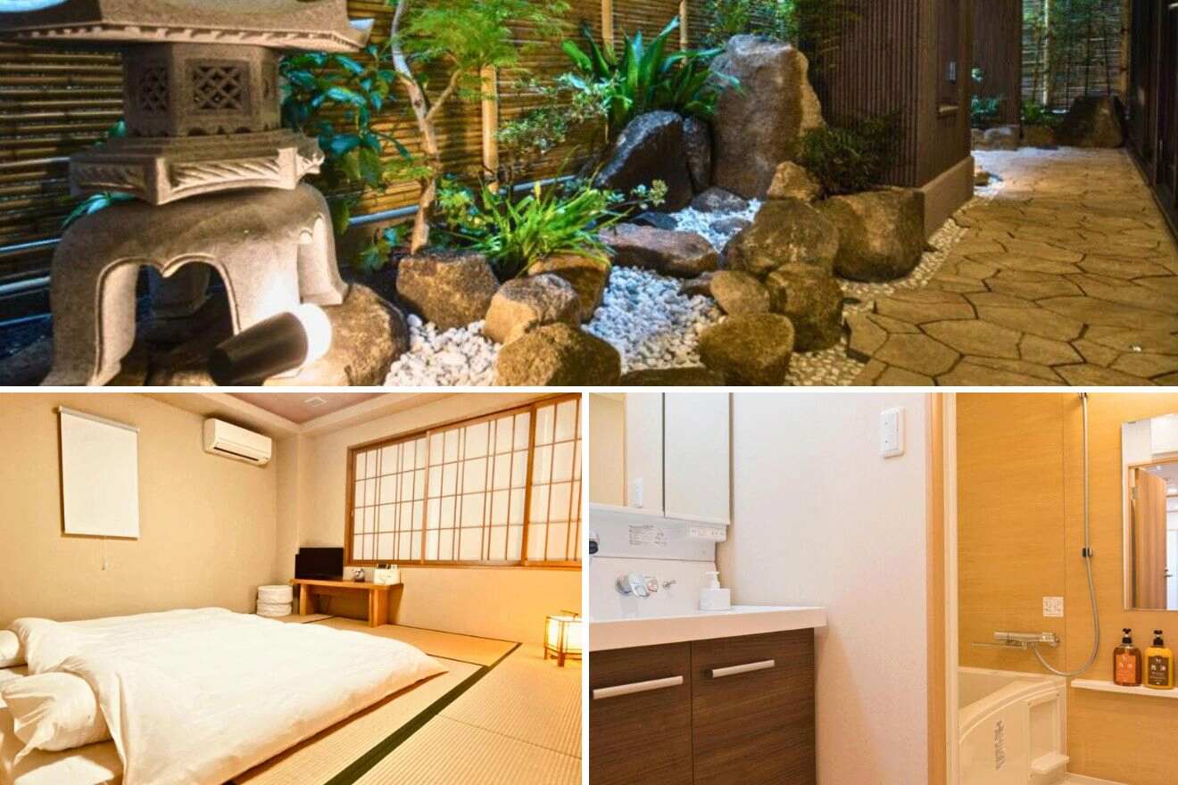 collage of 3 images of a Japanese house with: footpath, bathroom and bedroom