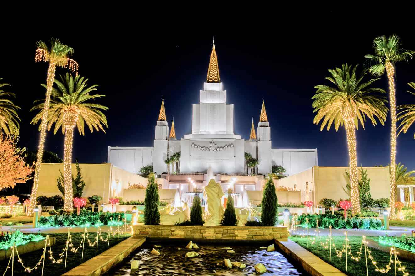 The temple is lit up at night.