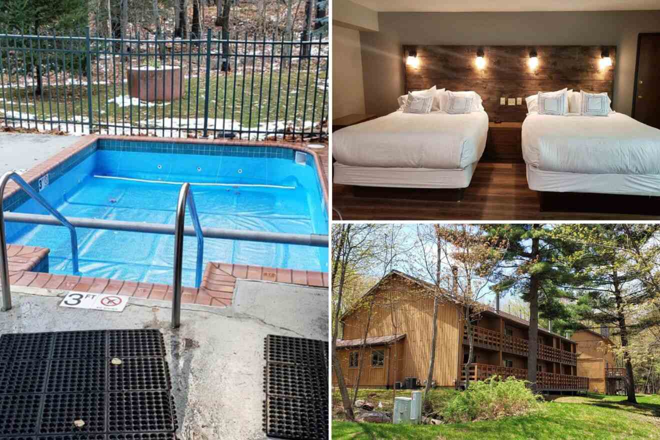 Collage of three hotel pictures: outdoor hot tub, bedroom, and cabin exterior