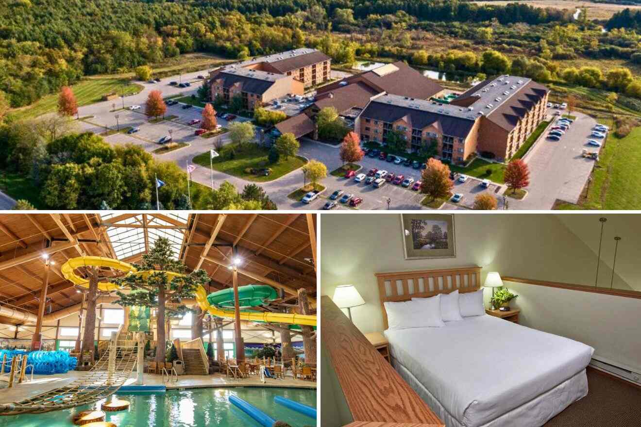 collage of 3 images with: indoor waterpark, bedroom and aerial view over the resort