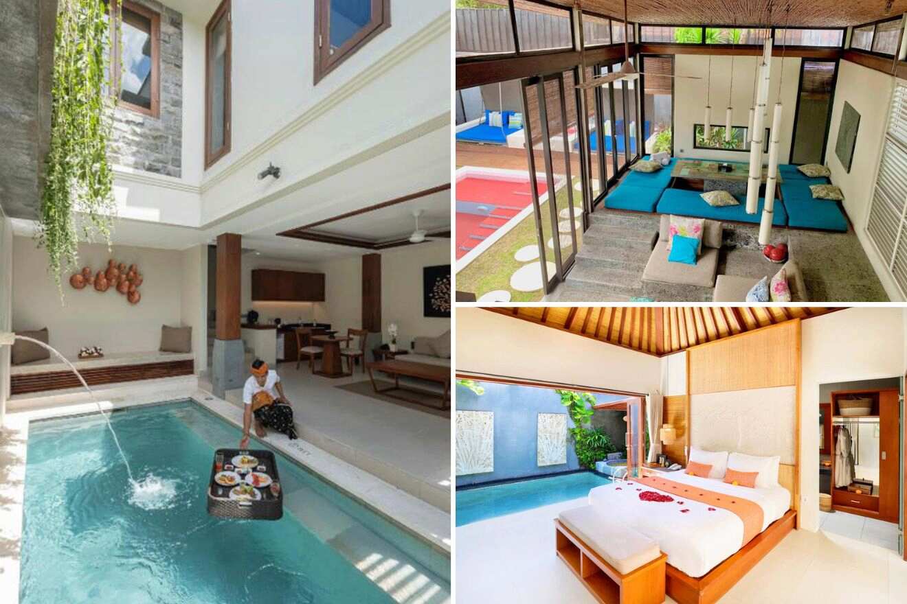 collage of 3 images with: a pool, bedroom and lounge