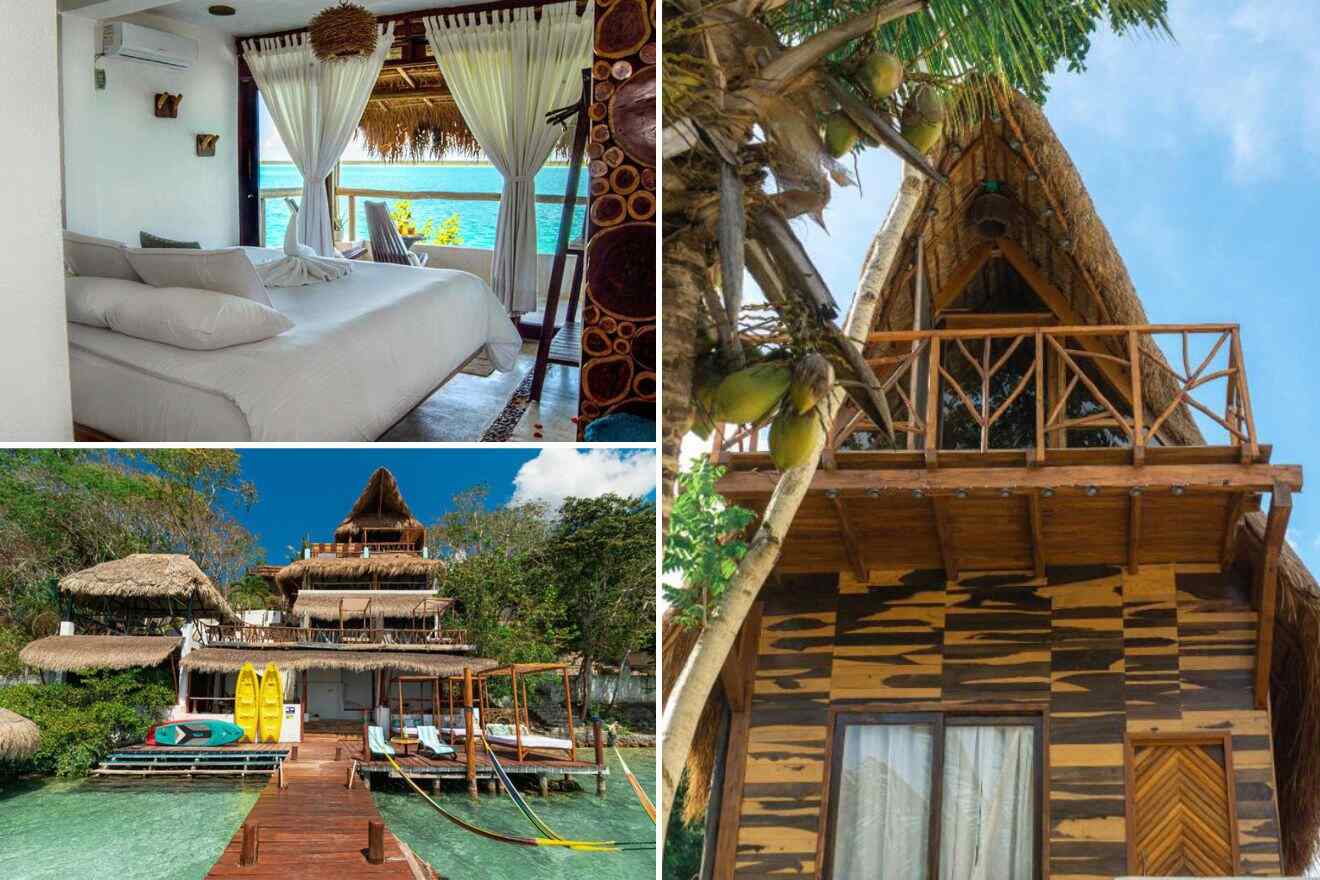 collage of 3 images with: bedroom, building and view over the resort