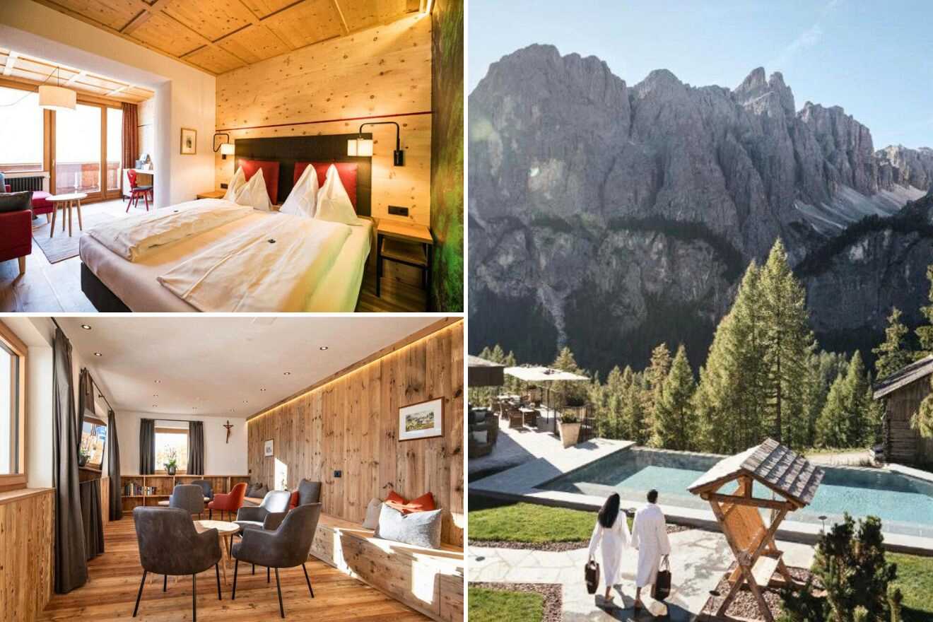 collage of 3 images with: a bedroom, lounge and outdoor pool with a view over the mountains