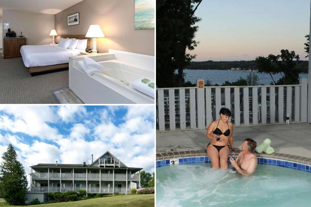 Collage of three hotel pictures: bedroom with hot tub, hotel exterior, and people in an outdoor jacuzzi