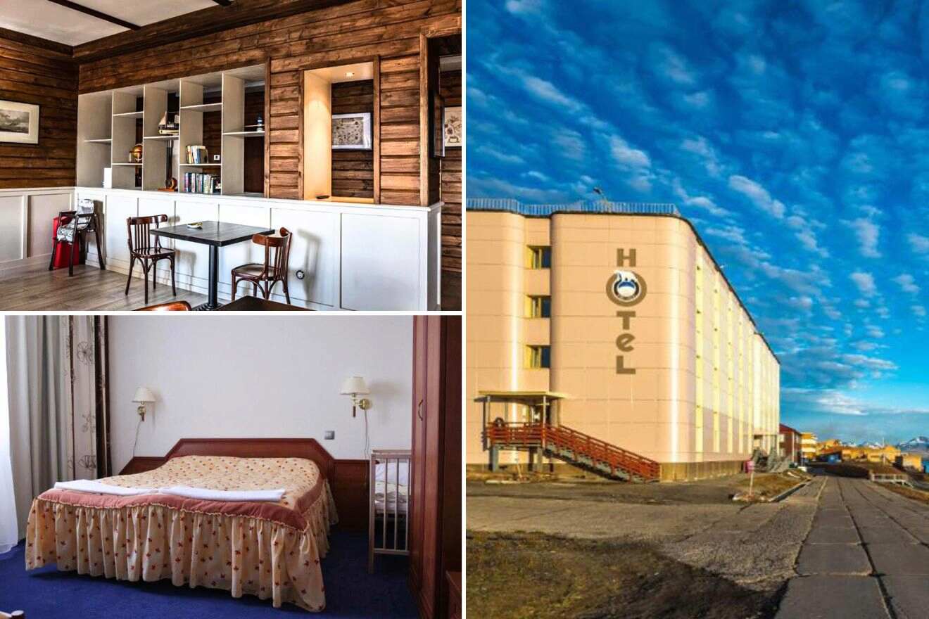 collage of 3 images with: a bedroom, dining room and hotel's building