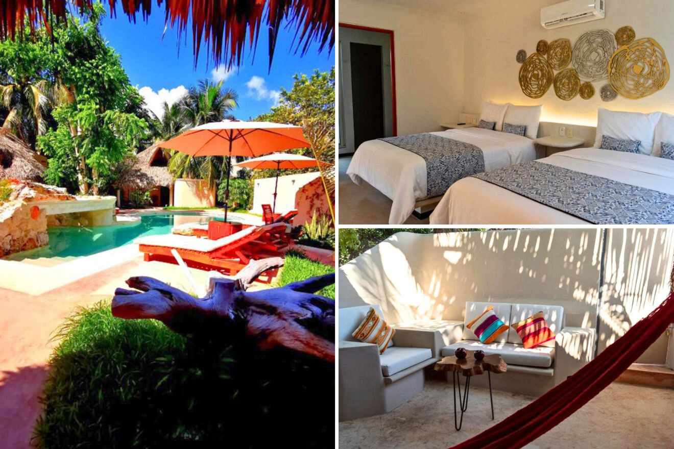 collage of 3 images with: bedroom, lounge and pool