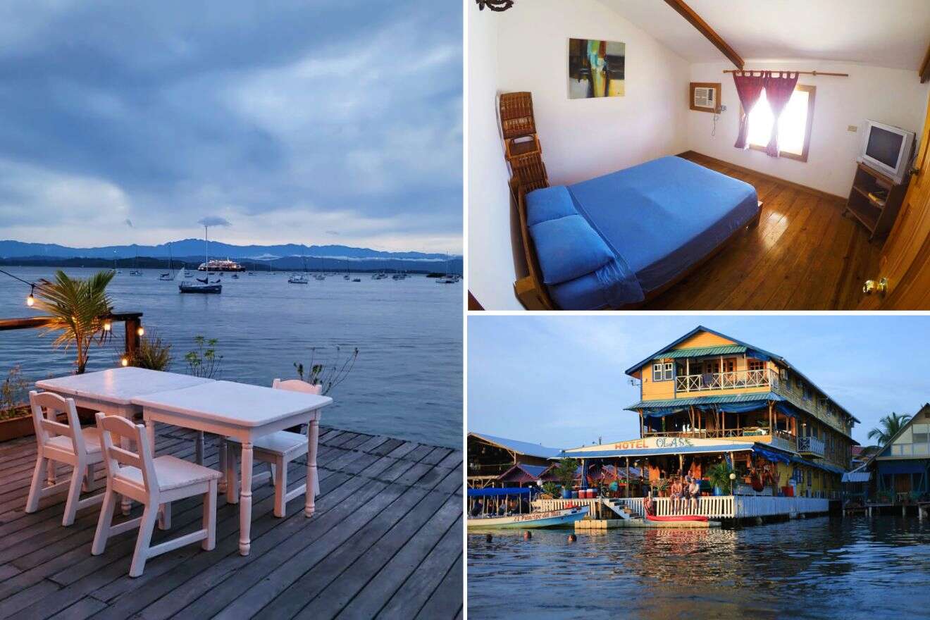 Collage of three hostel photos: shared dining area by the water, bedroom, and distant view of a hostel on the water