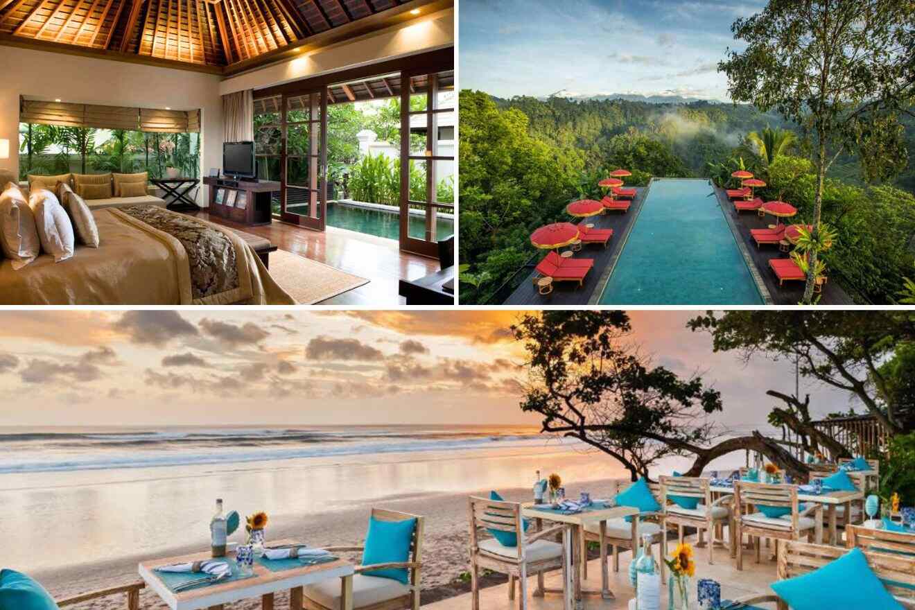 collage of 3 images with: a pool, bedroom and restaurant on the beach