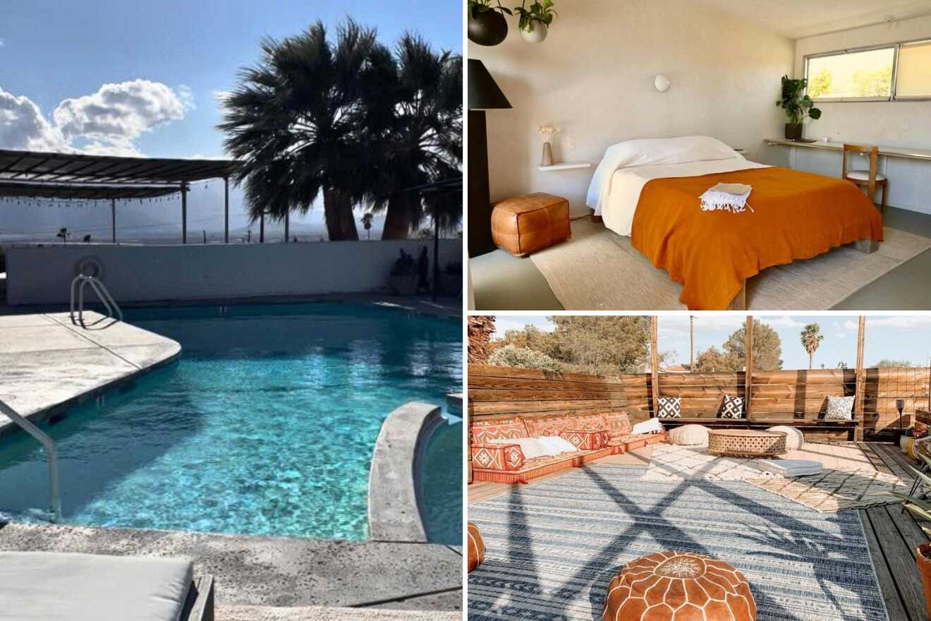 collage of 3 images with: a bedroom, pool and a lounge on the terrace