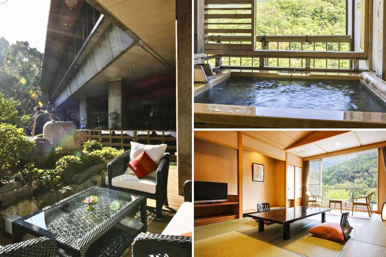 collage of 3 images of a japanese house with: a private ryokan, lounge on the terrace and table with chairs