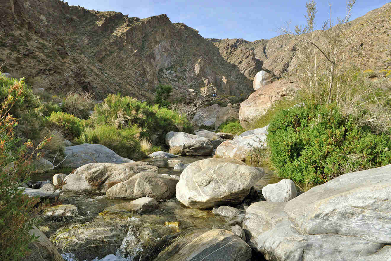 A stream in the desert with rocks and boulders.