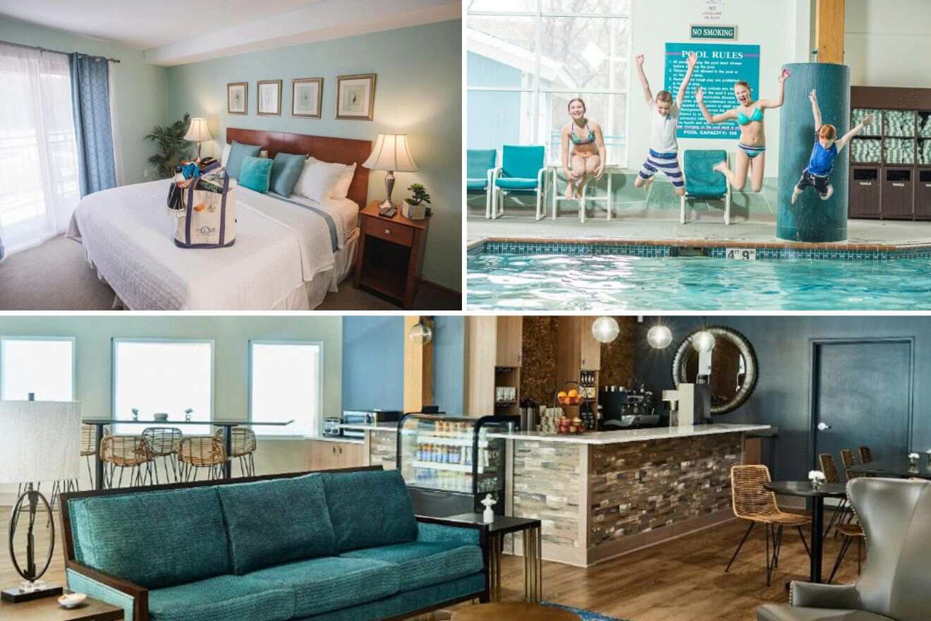 collage of 3 images with: kids jumping in a pool, bedroom and restaurant