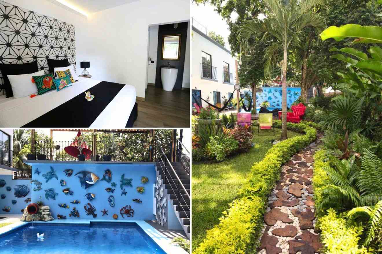 Collage of a hotel room with modern decor, a garden with stone pathway, a pool area with colorful wall decorations, and an outdoor space with vibrant seating and lush greenery.