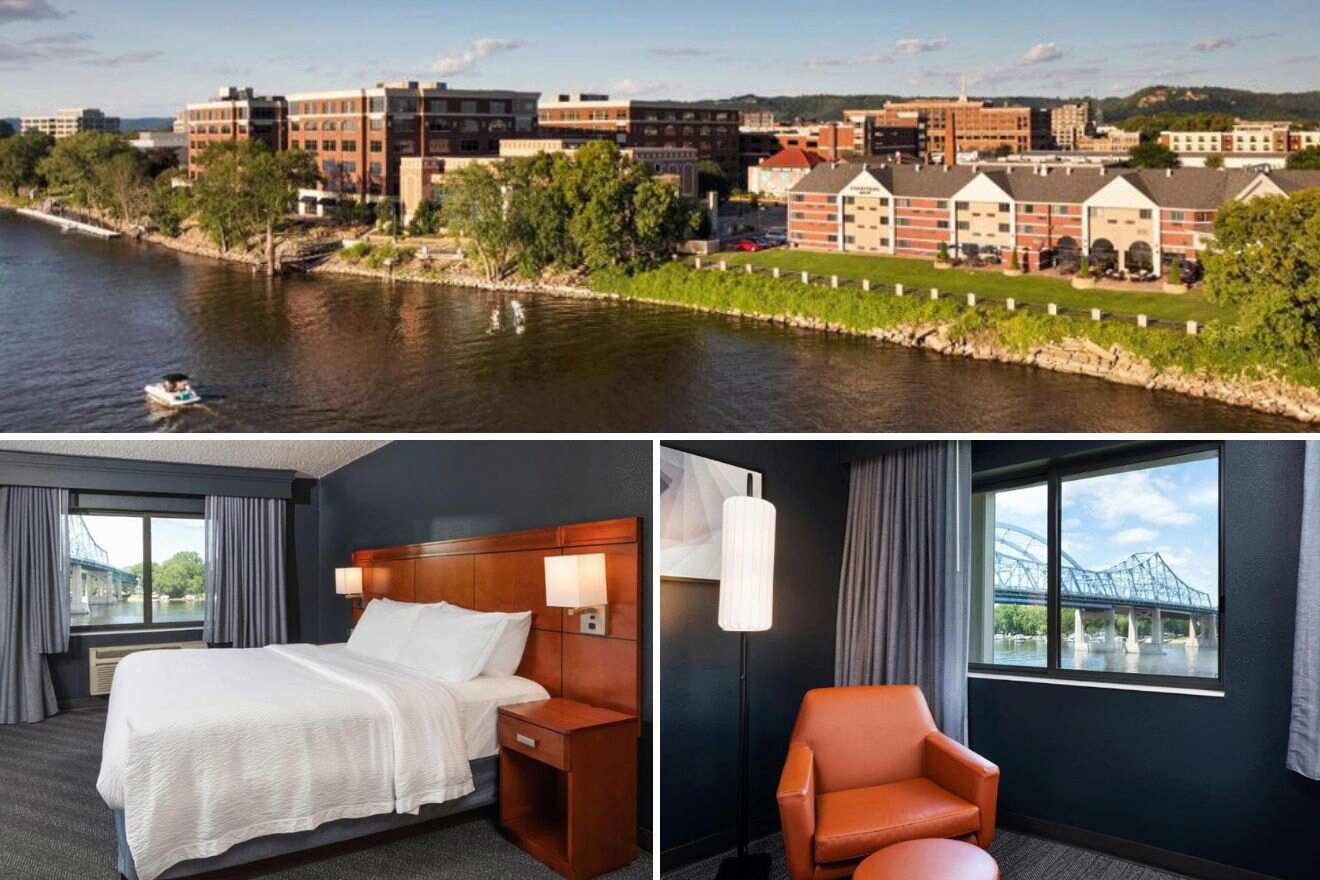 Collage of three hotel pictures: hotel exterior by the water, bedroom, and seating area with a view