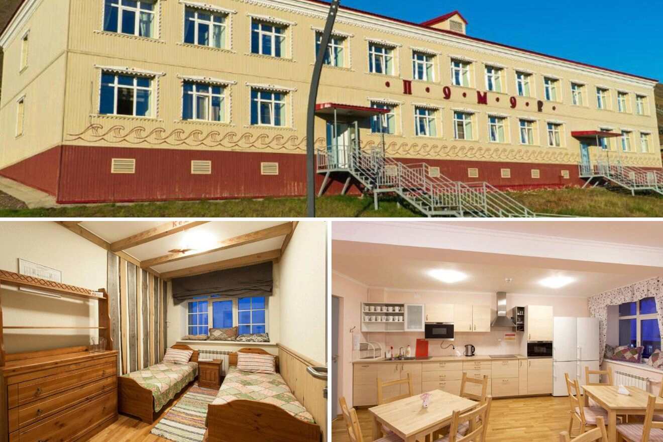 collage of 3 images with: a bedroom, kitchen and dining tables and hotel's building