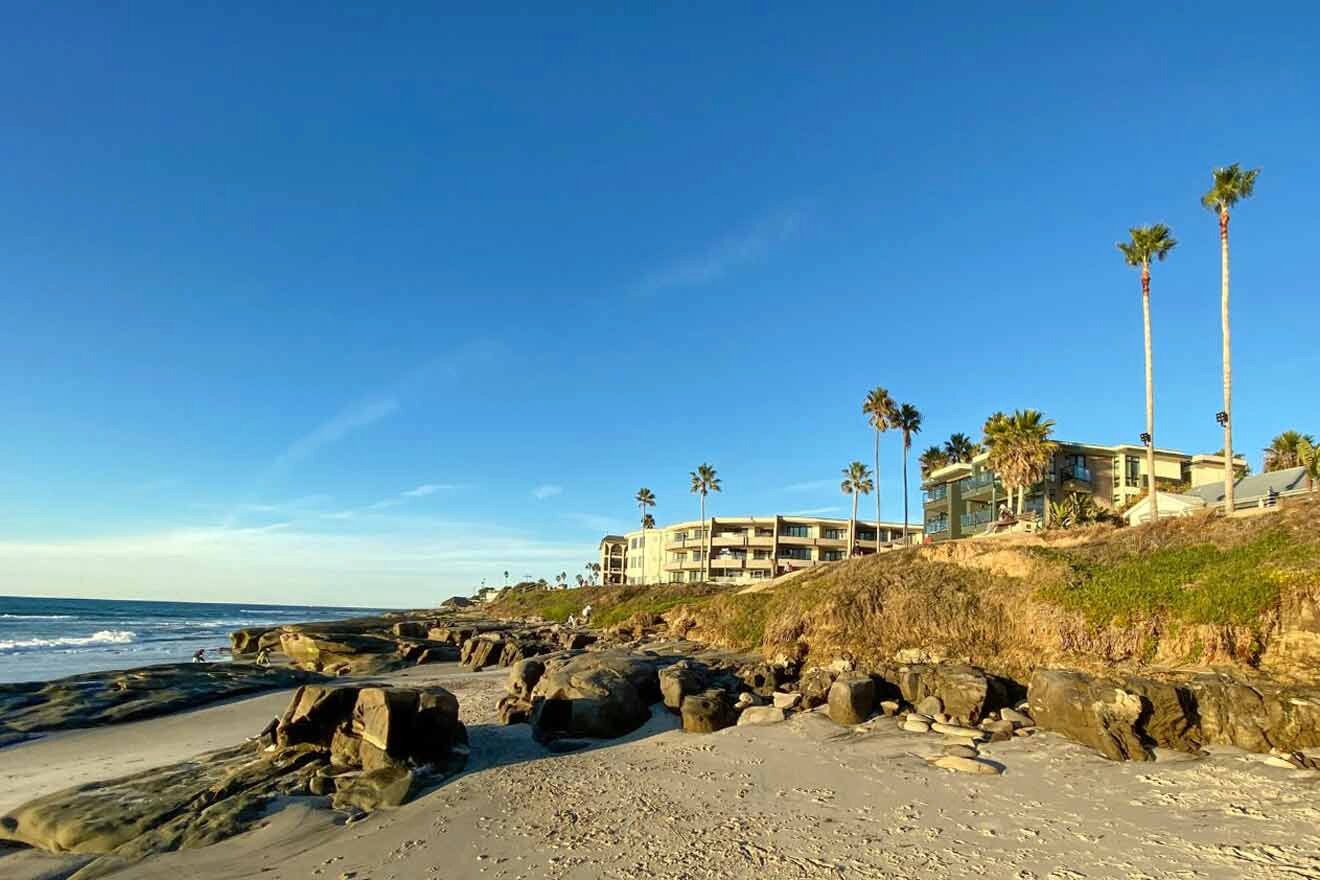 The beach is lined with rocks and palm trees.