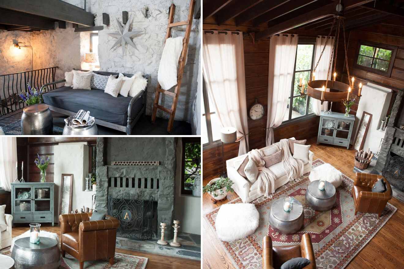 collage of 3 images with: lounge view from the top, a couch area and fireplace closeup