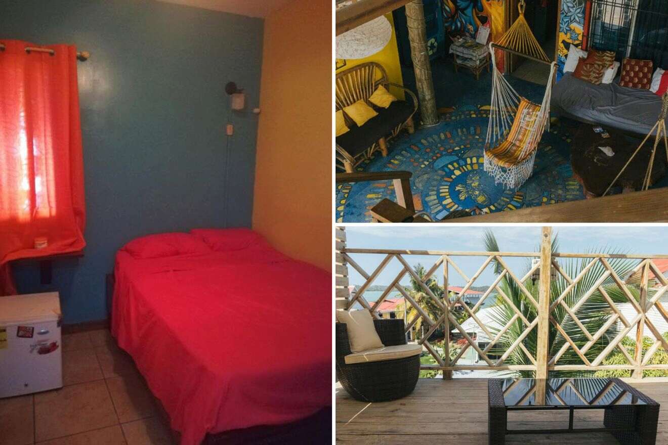 Collage of three hostel photos: bedroom, shared seating area, and shared seating area on a balcony