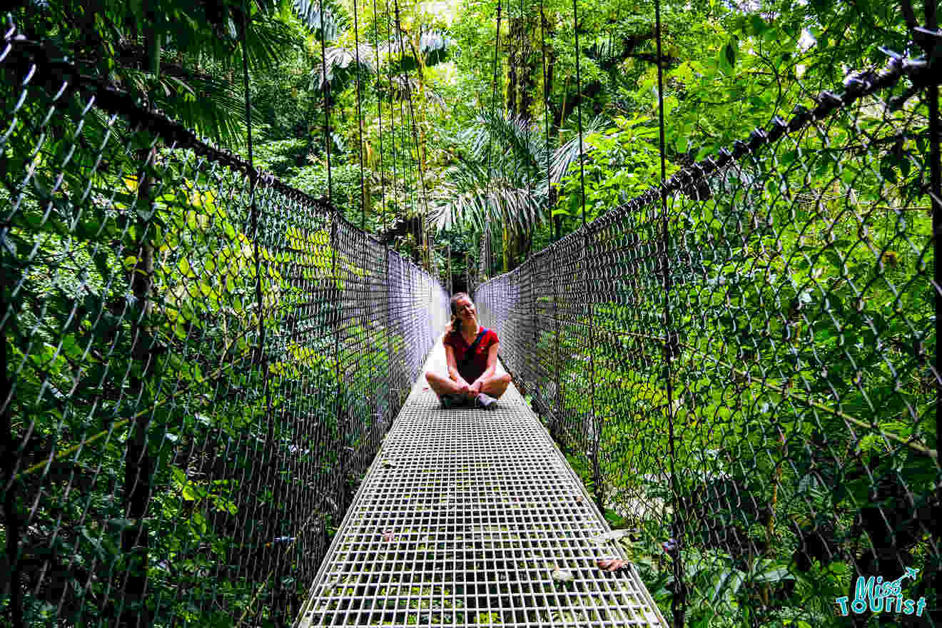 A woman sitting on a suspension bridge in the jungle.