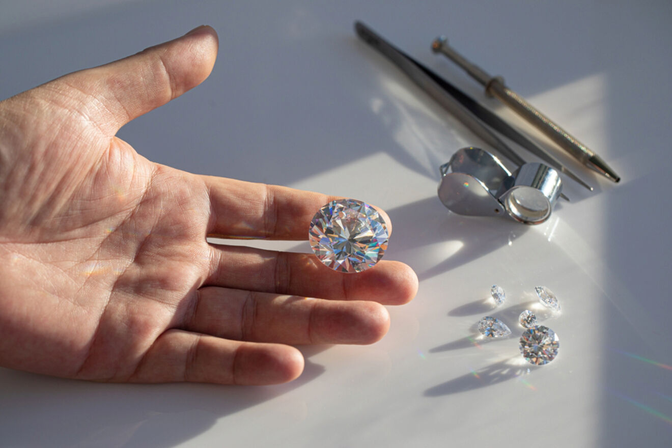 A hand holding a diamond on a table.
