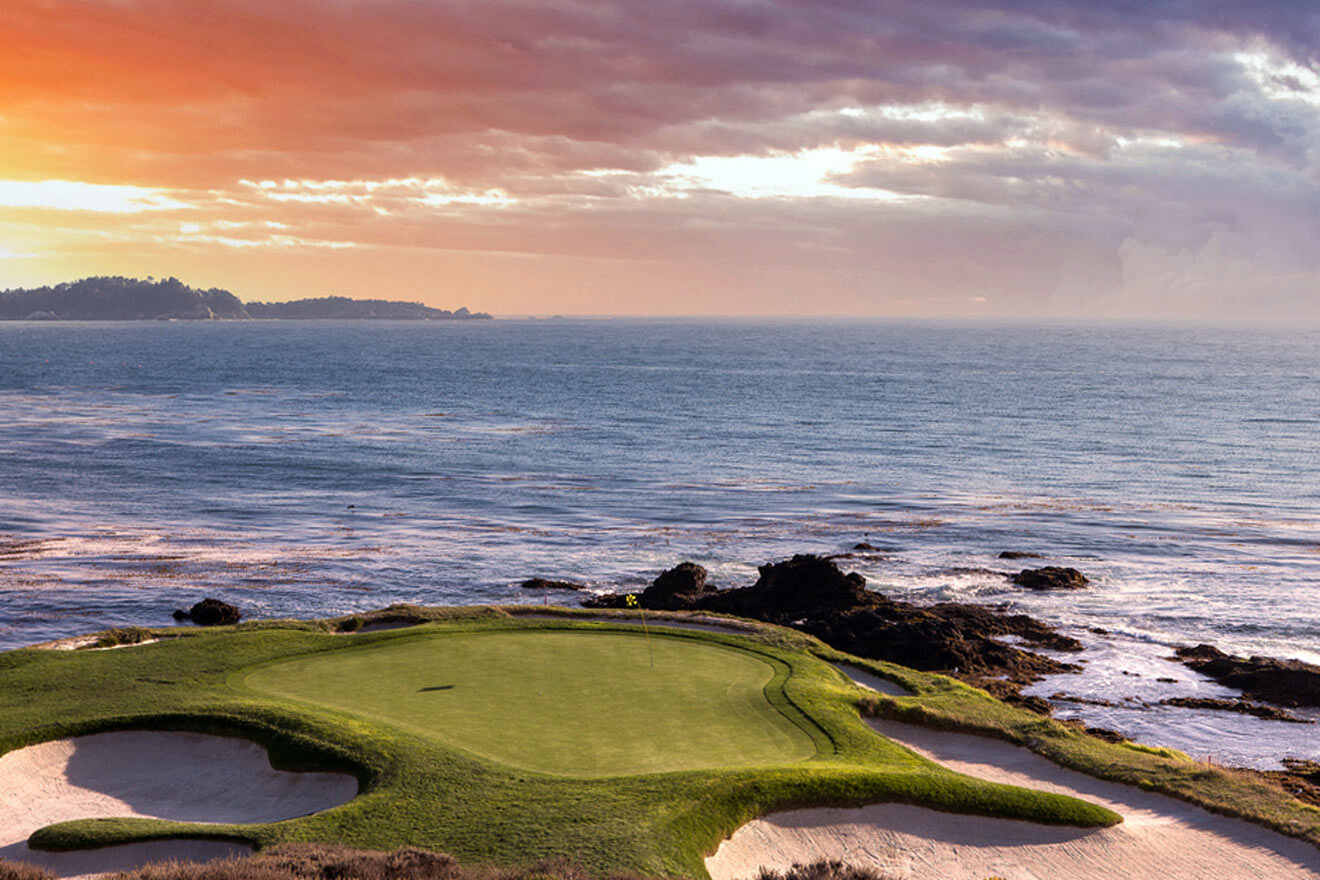 A golf course on a cliff overlooking the ocean.