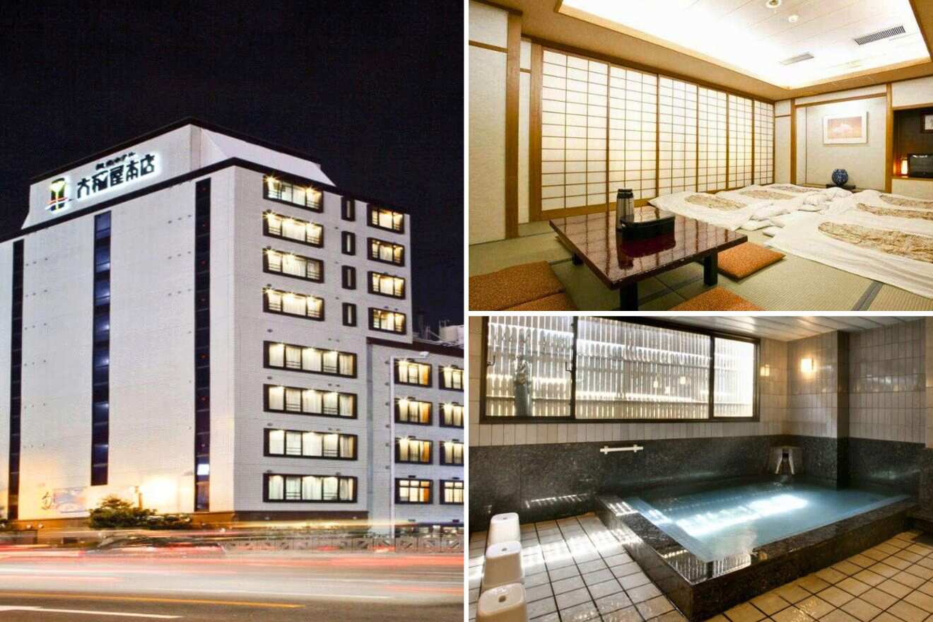collage of 3 images of a Japanese house with: hotel's building, private ryokan and bedroom