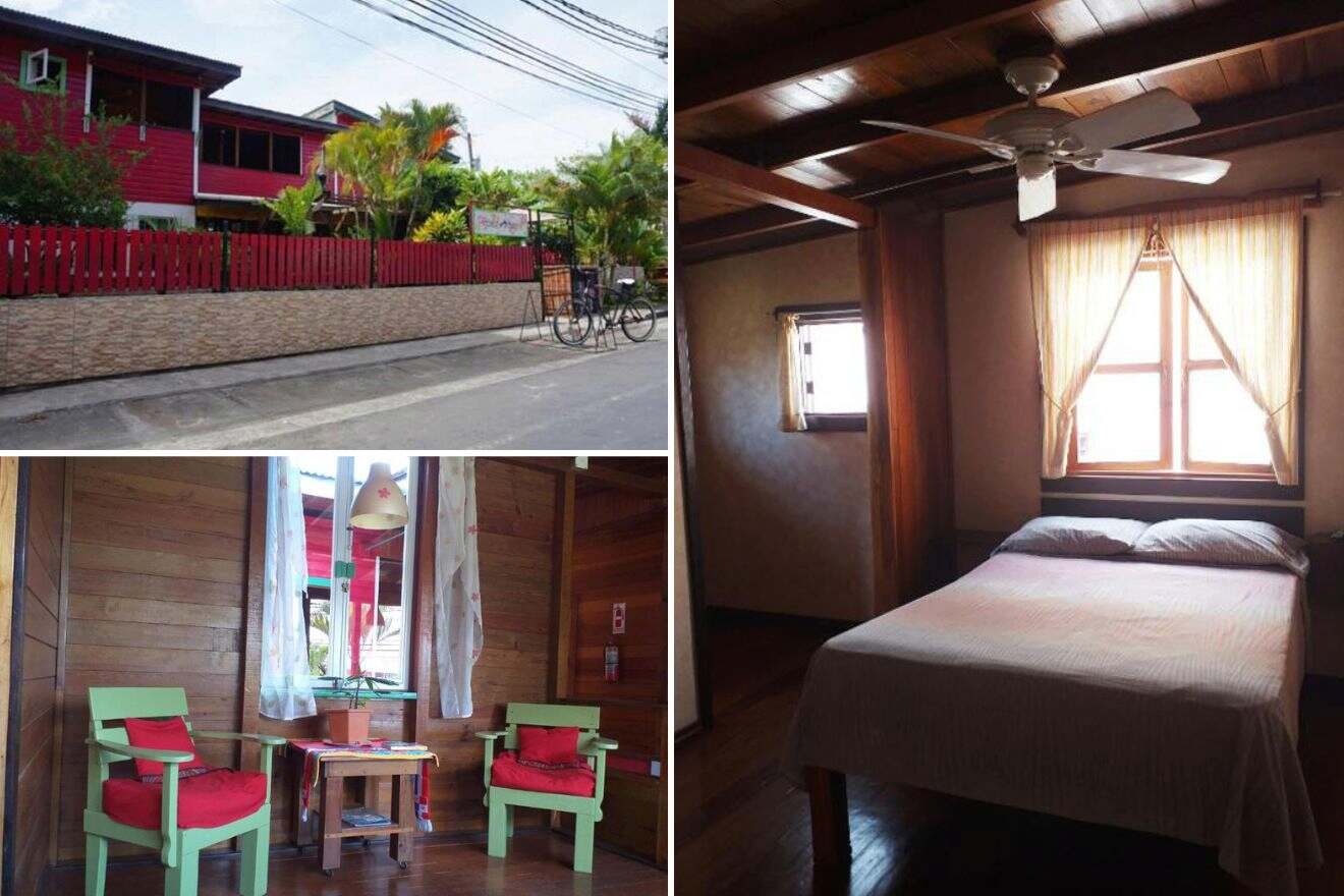 Collage of three hostel photos: view of the hostel exterior, shared seating area, and bedroom