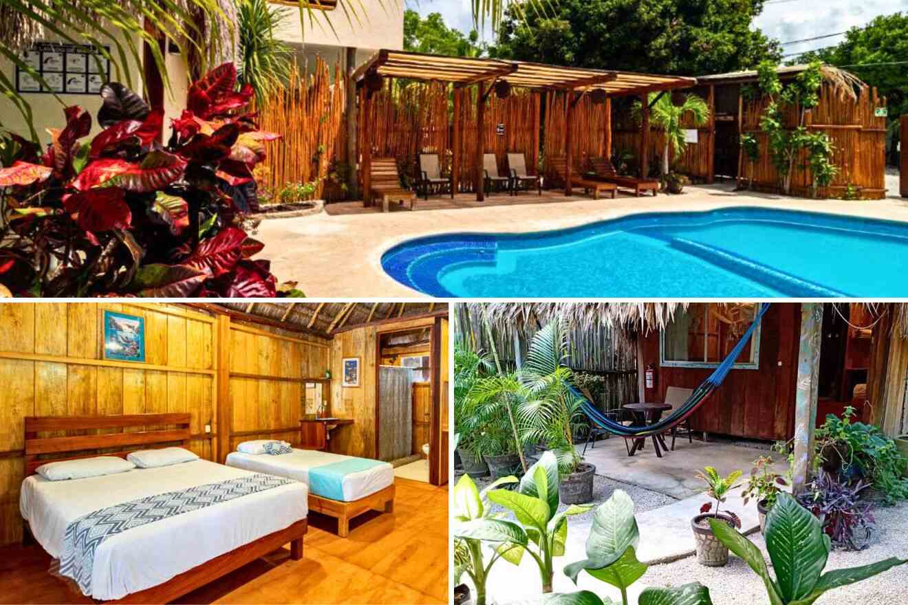 collage of 3 images with: bedroom, pool and lounge on the garden