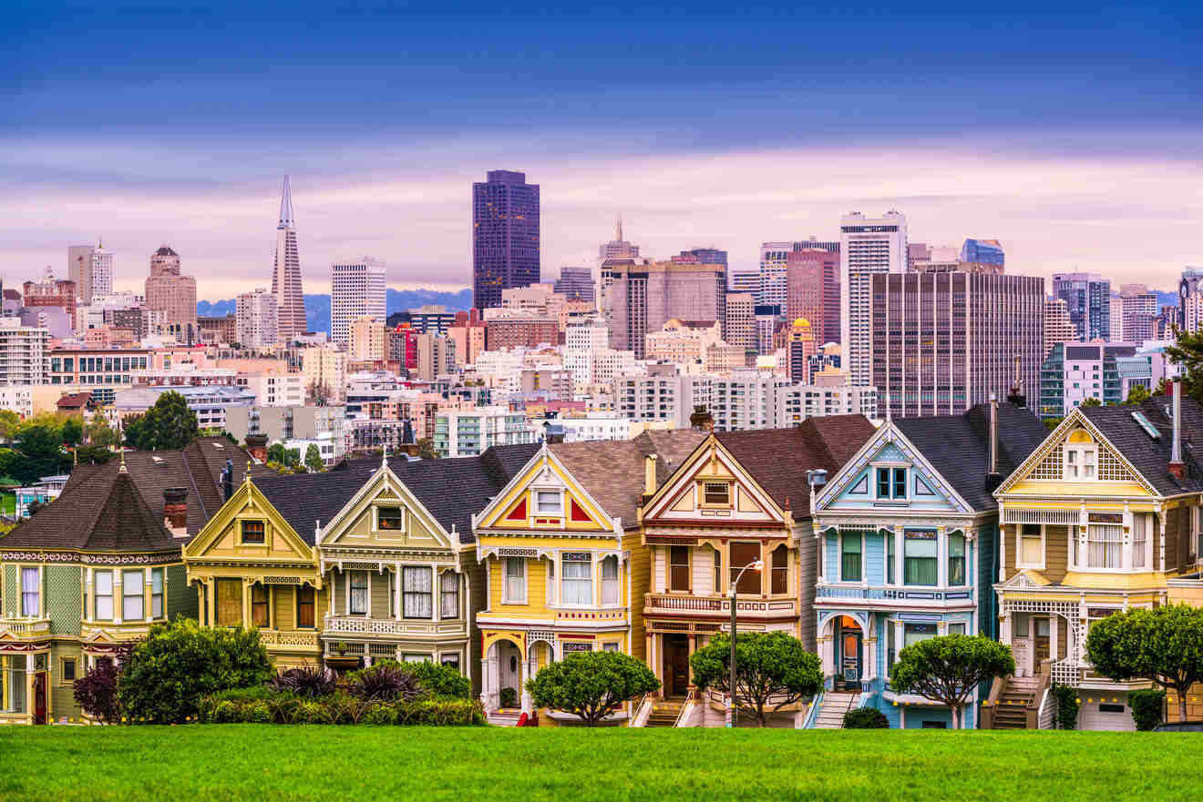 view of colorful houses in the suburbs with skyline with of a city with tall buildings in the background