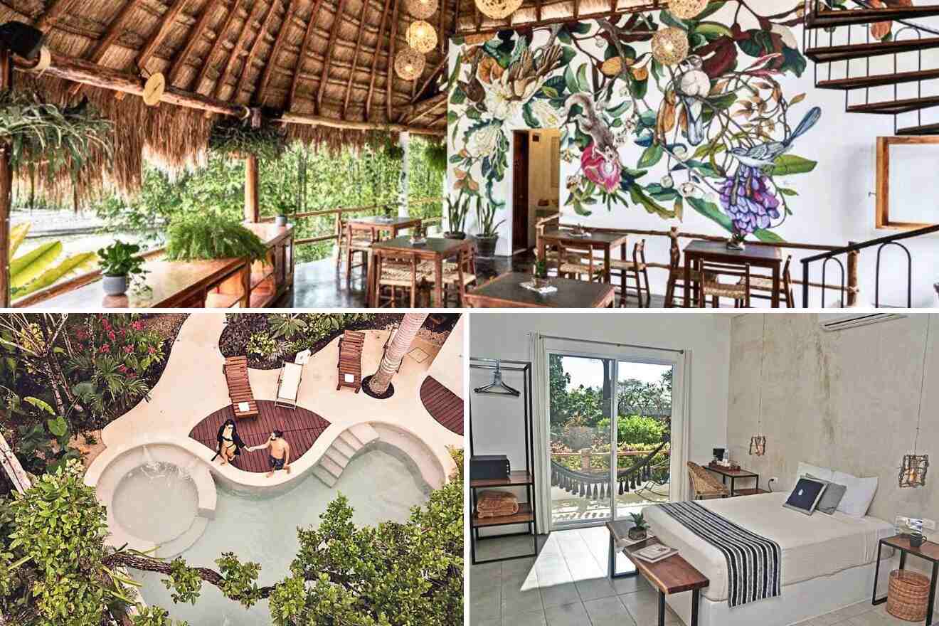 Collage of four images: an open-air dining area with thatched roof, an indoor seating area with a floral mural, an aerial view of a pool with lounge chairs, and a minimalist bedroom with a glass door.