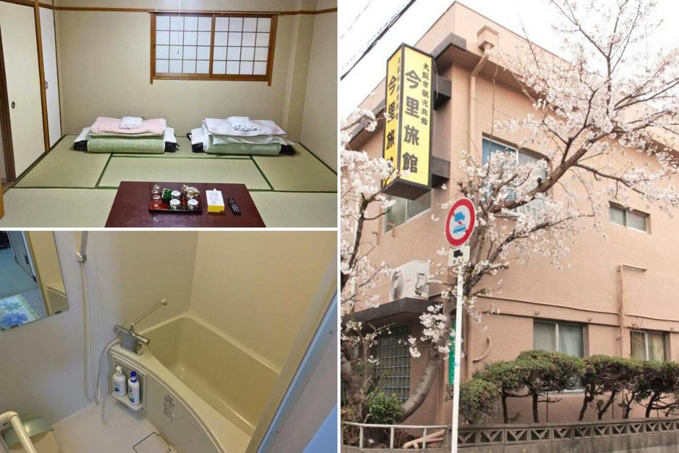 collage of 3 images of a Japanese house with: hotel's building, bathroom and bedroom
