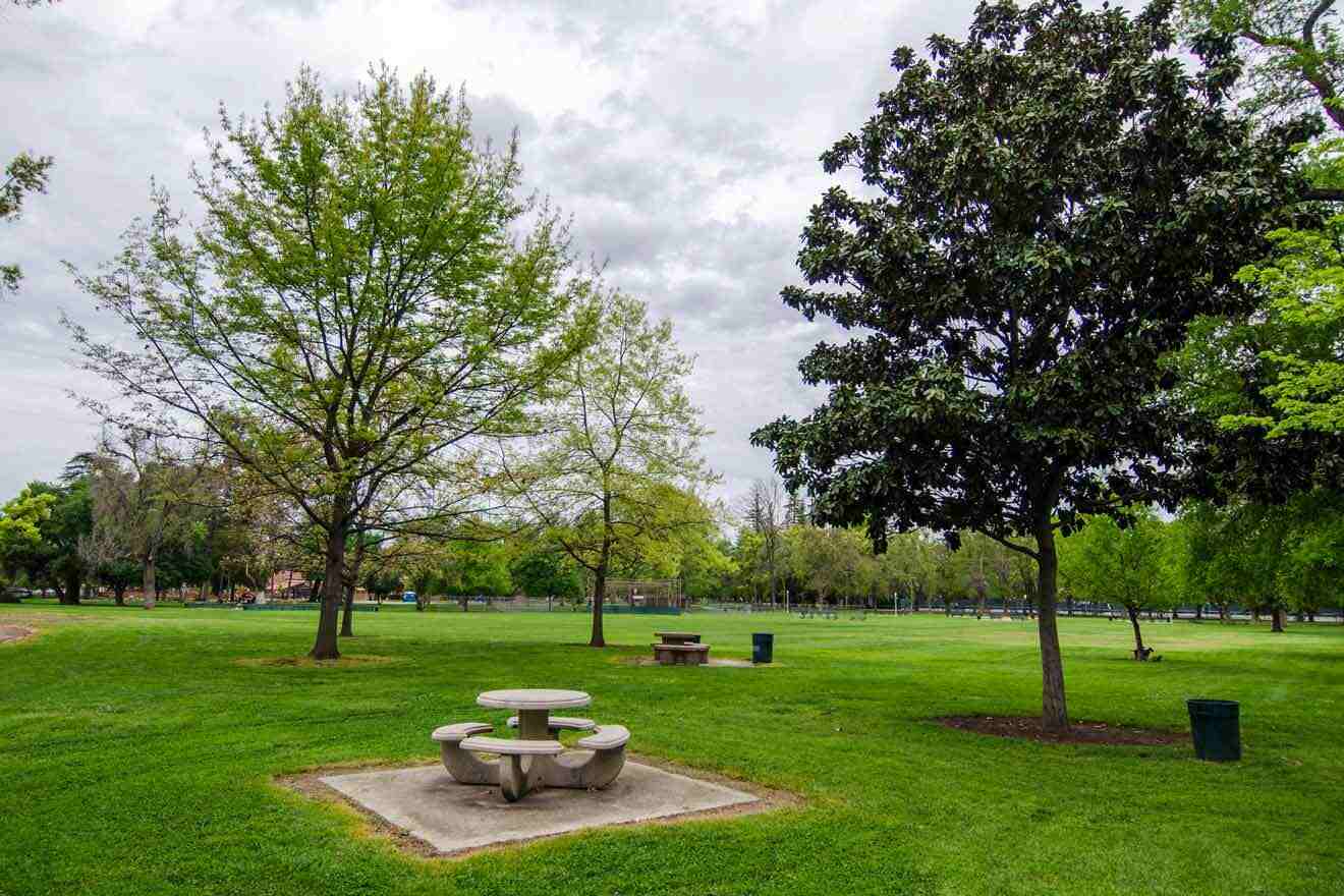 A park with picnic tables, benches and trees.